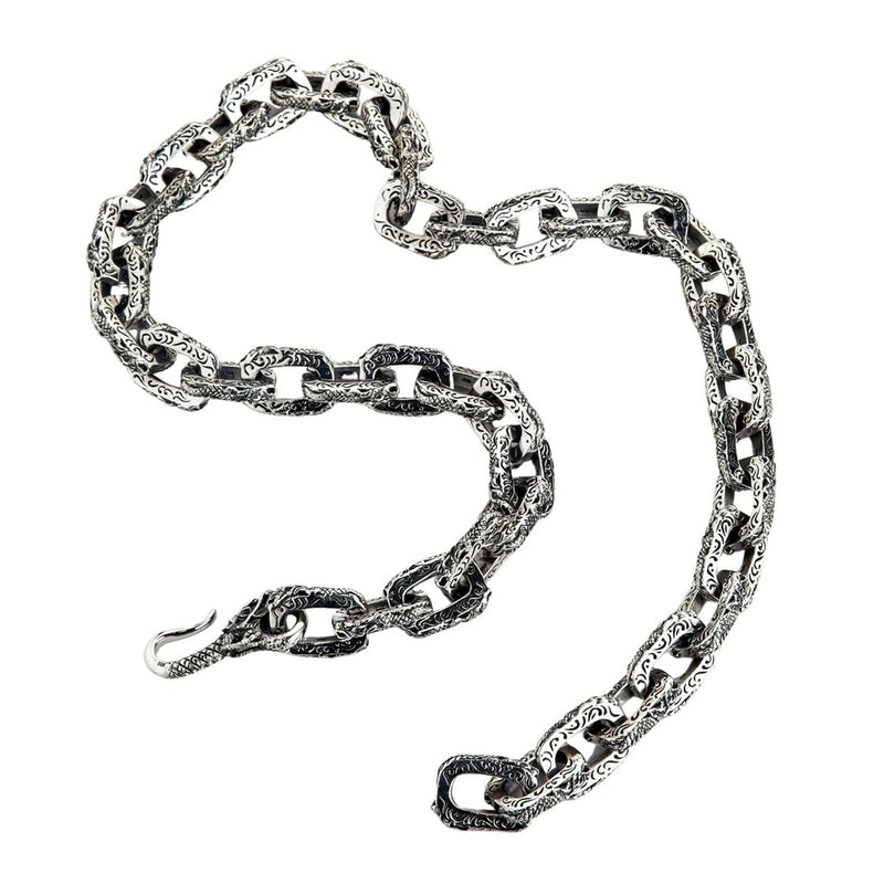 Cadena de collar de dragón de plata esterlina maciza de 335 gramos con eslabones grabados ornamentados vista desde arriba