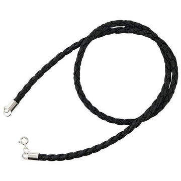 A men's 4mm thick braided black leather necklace with 925 sterling silver end caps and a secure clasp.