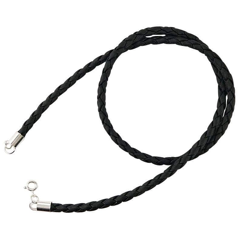 A men's 4mm thick braided black leather necklace with 925 sterling silver end caps and a secure clasp.