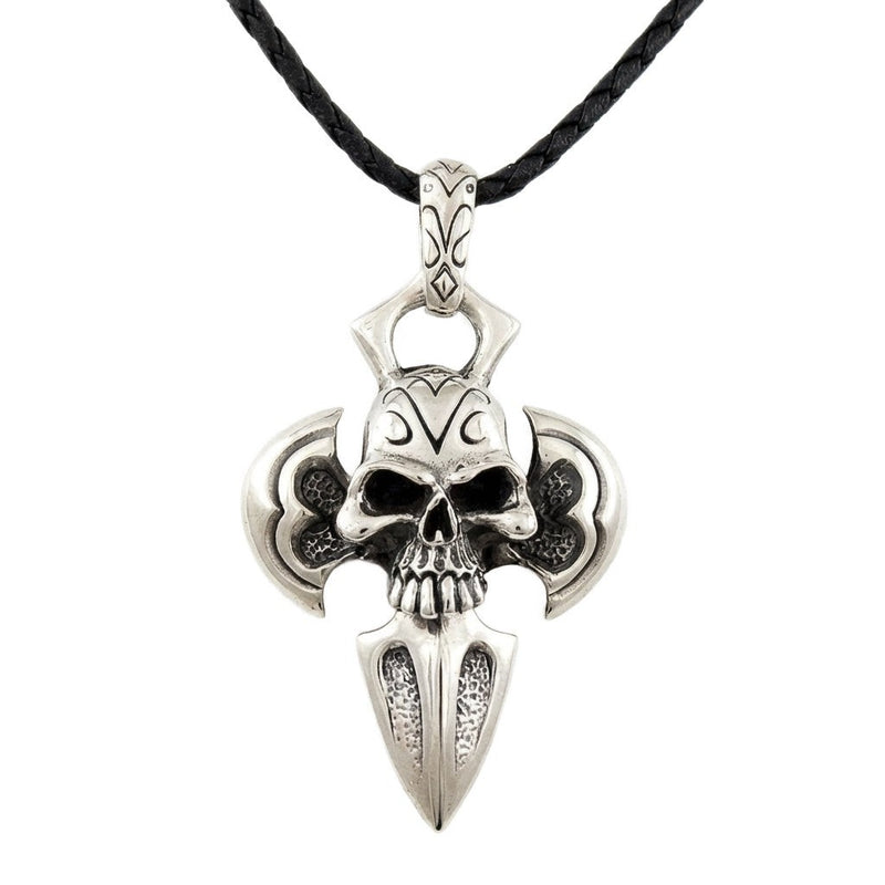 925 sterling silver gothic skull dagger pendant on black leather necklace