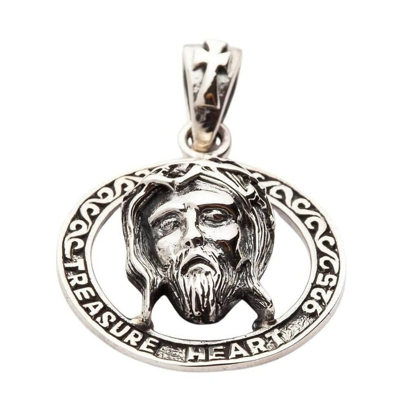 Front view of 925 sterling silver Jesus Christ pendant with crown of thorns inside circular frame