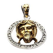 925 sterling silver Jesus face pendant with 14K gold-plated crown of thorns front view showing Treasure Heart 925 inscription