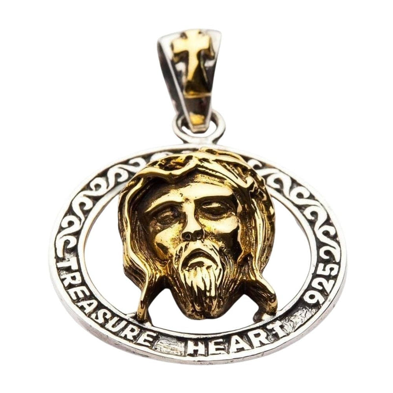 Colgante de rostro de Jesús en plata de ley 925 con corona de espinas bañada en oro de 14K, vista frontal que muestra la inscripción Treasure Heart 925.