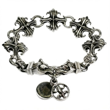 925 sterling silver wolf head bracelet with gothic cross links and hanging charms front view