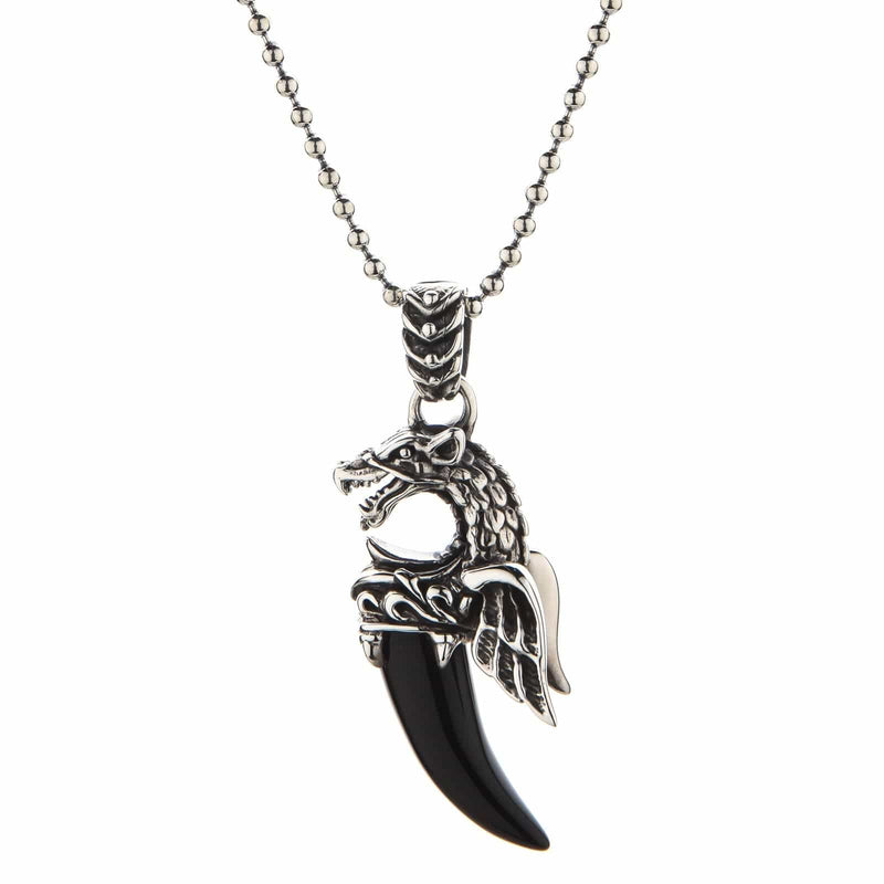 Colgante de colmillo de ónice negro de plata esterlina con dragón y lobo