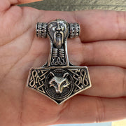 Fenrir Wolf God Mjolnir Thor's Hammer Sterling Silver Pendant