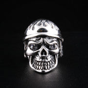 Flame Biker Skull Sterling Silver Ring