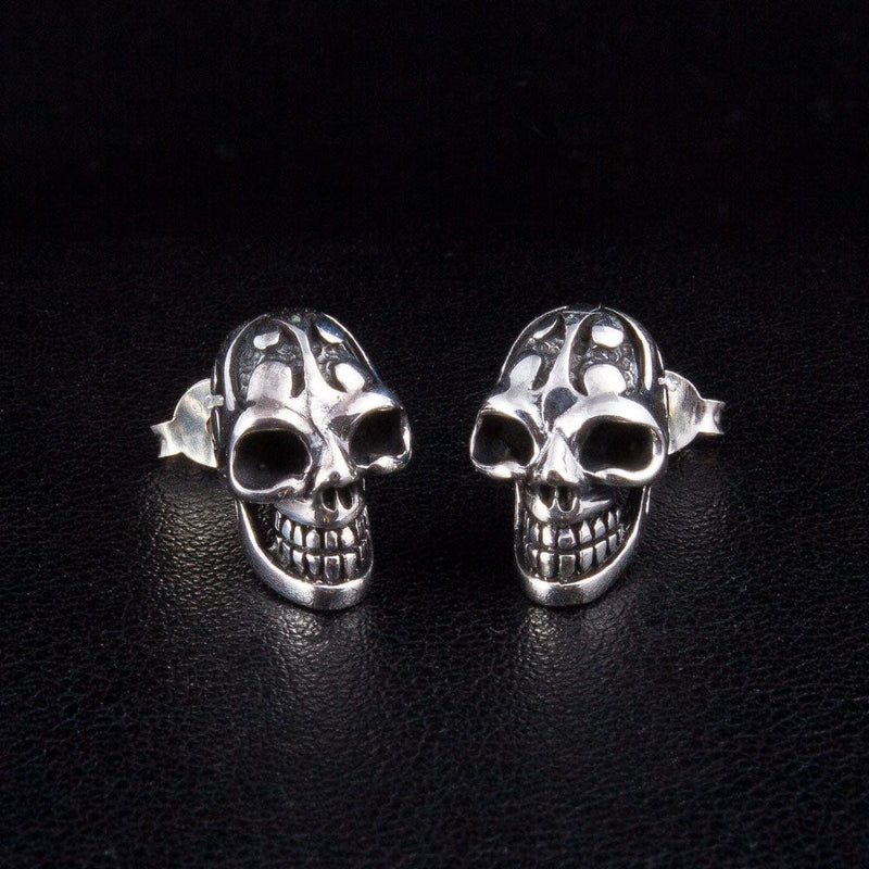 Flame Tattoo Sterling Silver Skull Earrings