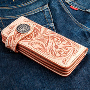 Light Brown Floral Tooled Leather Western Biker Wallet