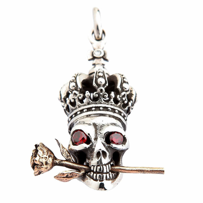Red Garnet Eyes Crown Skull and Rose Sterling Silver Gothic Pendant