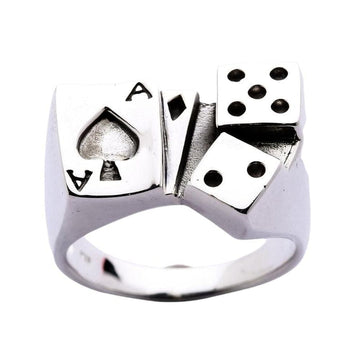 Sterling silver gambler ring featuring ace of spades card and dice design front view on white background