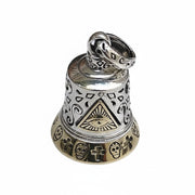 A solid sterling silver and brass Guardian Bell pendant, featuring the All-Seeing Eye in a pyramid.