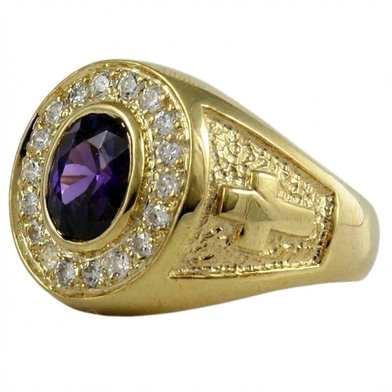 Anillo de obispo de amatista natural con halo de diamantes CZ y plata de ley chapada en oro de 14k vista frontal