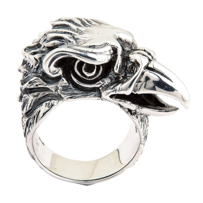 Big Eagle Head Sterling Silver Biker Ring front view showing fierce eye