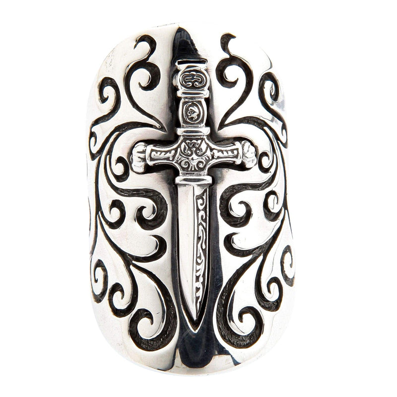 A bold biker statement ring designed as a knight's shield with a sword, in solid sterling silver.