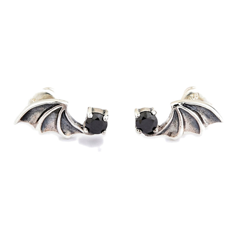 Boucles d'oreilles puces aile de chauve-souris en argent .925, paire miroir de face, zircone noire vers l'intérieur