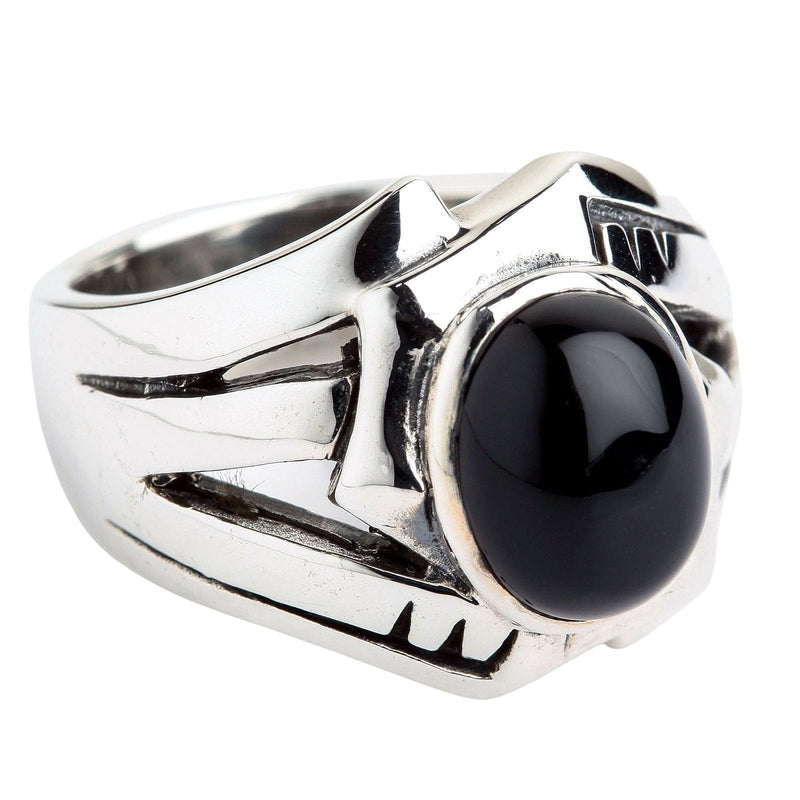 Front angled view of the Black Onyx Rocker Ring featuring a polished flat black stone set in a wide sterling silver frame.