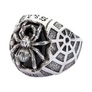 A solid sterling silver black onyx spider ring with a realistic 3D spider and a detailed, hand-carved spiderweb band.