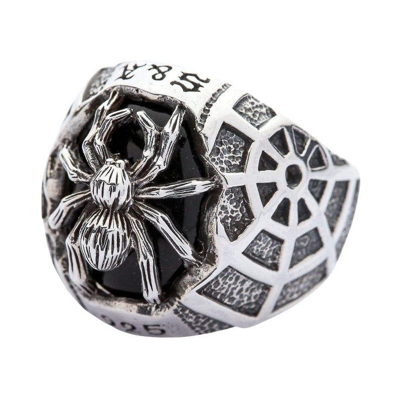 Egyszerű sterling silveré fek onyx kákagyal,val valóságos 3D pók és egy részletesen kézzel faragott pók háló sáv.