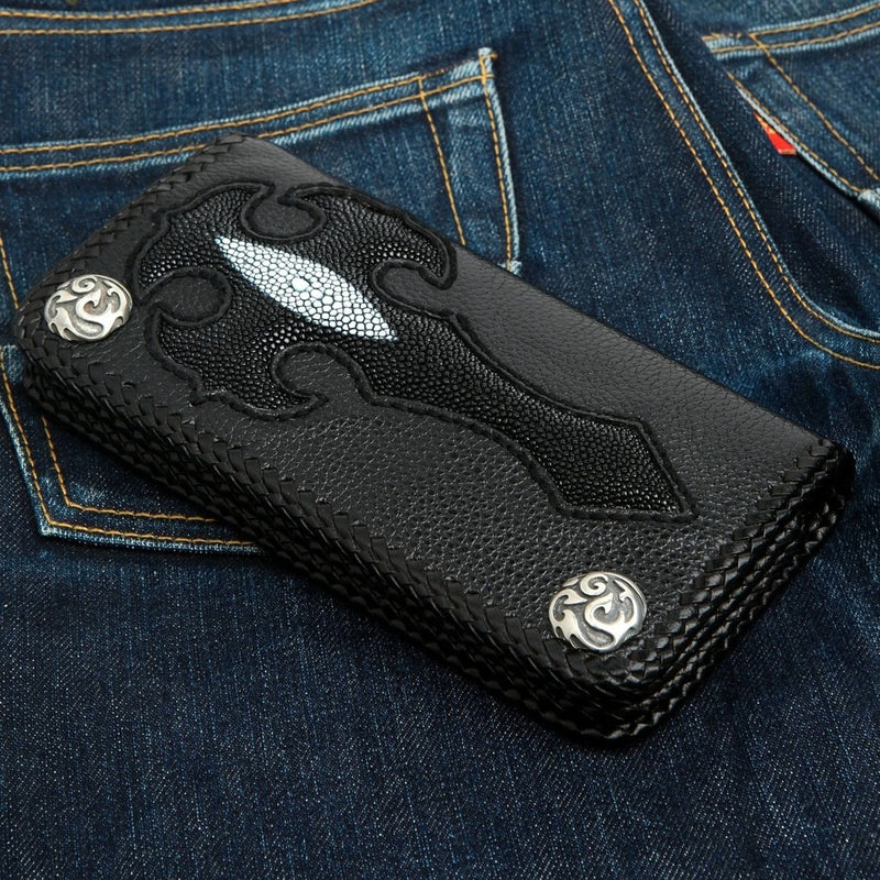 Black stingray leather biker wallet with gothic cross inlay and braided edges