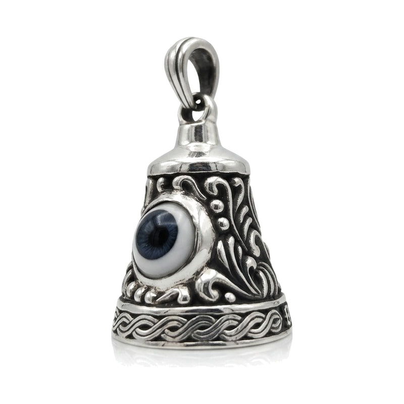 Blue eyeball guardian bell in .925 sterling silver, front view with oxidized scrollwork and a ribbed bail