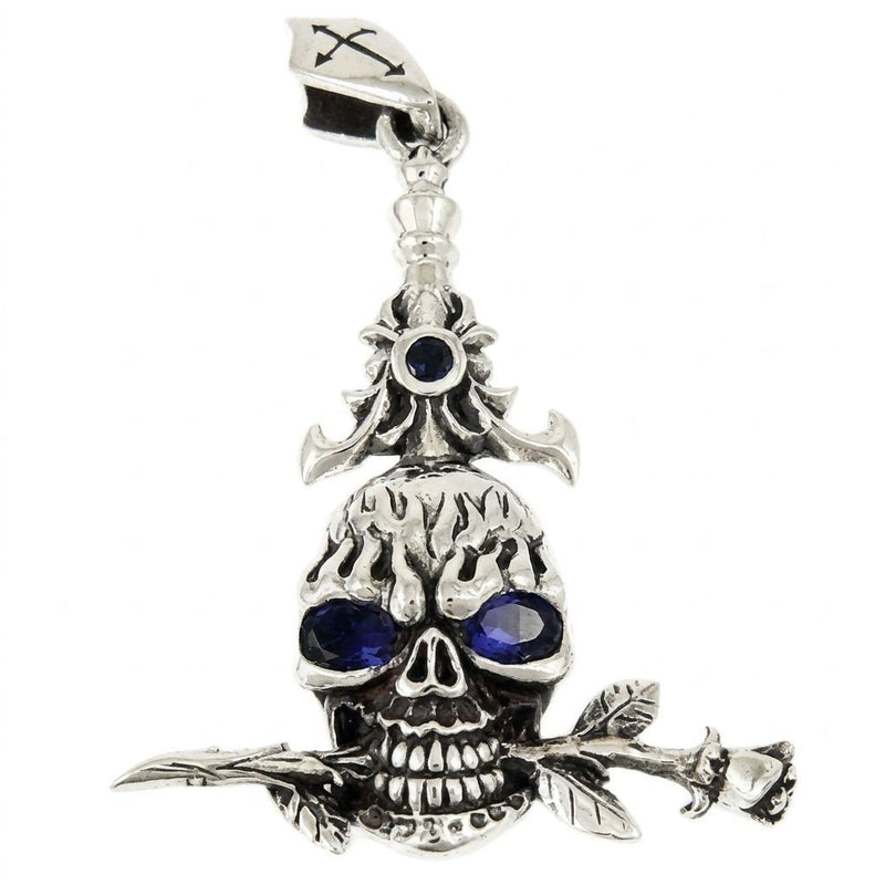 Front view of sterling silver biker pendant showing a skull with blue cubic zirconia eyes and a rose below the jaw.