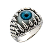 A front view of the sterling silver blue monster eyeball ring, showing the realistic eye surrounded by sharp teeth.