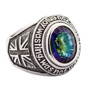 A solid sterling silver British rock and roll ring with a large, vibrant, and color-shifting Mystic Quartz gemstone.