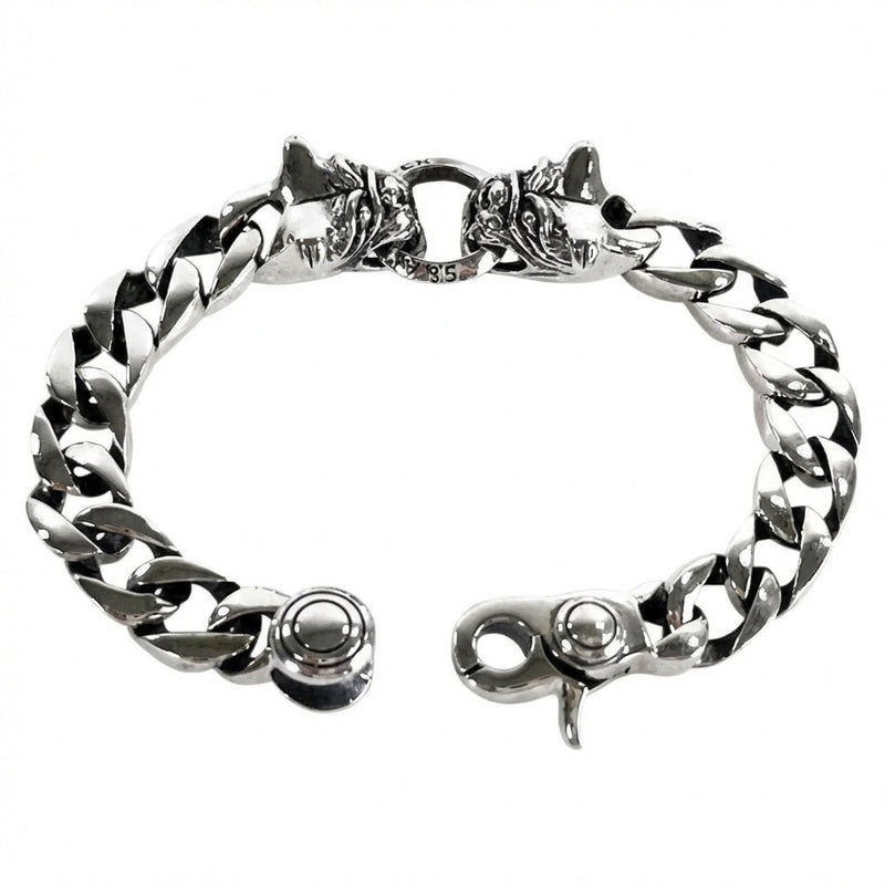 Bulldog head 925 sterling silver bracelet with lobster clasp showing detailed Cuban curb chain links
