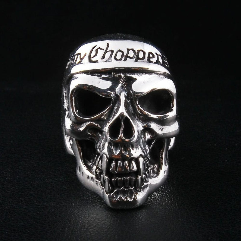 Front view of the chopper biker skull sterling silver ring featuring deep-relief facial details and bold lettering on the forehead