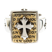 A solid sterling silver and gold-tone Christian bible cross ring with "GOD SON" engraved scripture.