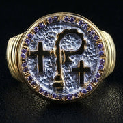Front view of the Christian crosier bishop ring featuring a central shepherd's staff and amethyst halo