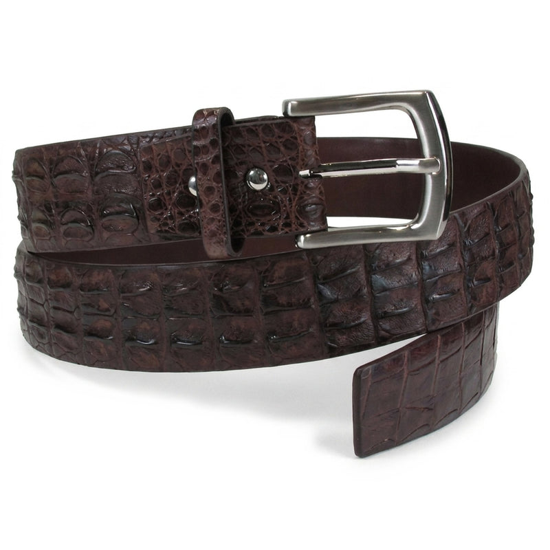 Coiled crocodile belt showing the silver prong buckle, keeper loop and tapered hornback-scale tip end