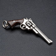 Cowboy Gun Revolver Sterling Silver and Wood Pendant