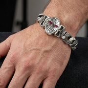 Model wearing the heavy crystal skull bracelet on wrist for size reference