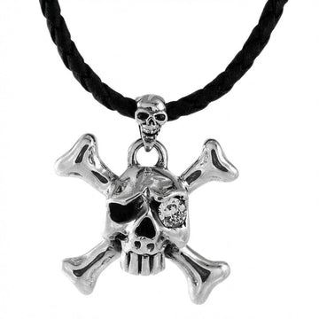 Diamond eye skull crossbones sterling silver pendant with CZ stone in eye socket front view