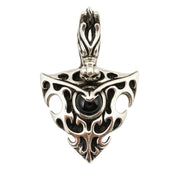 Front view of the sterling silver dragon shield pendant with a black onyx stone.