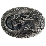 Front view of the sterling silver belt buckle featuring a hand-carved dragon clamping down on a crystal ball with a CZ eye.