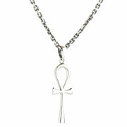 The Egyptian Key of Life pendant hanging from a sterling silver rolo chain against a white background.