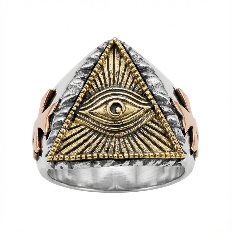 Front view of Eye of Providence Ring in silver and brass