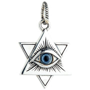 A close-up front view of the Eye of Providence sterling silver pendant with its realistic blue polymer eyeball.