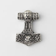 Front view of the sterling silver Mjolnir pendant featuring a bearded face top, knotwork shaft, and Fenrir wolf head base.