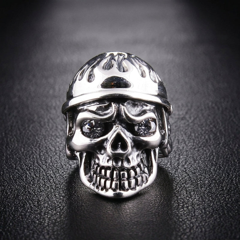 Flame-engraved helmet skull biker ring in 925 sterling silver — front view with CZ eye stones