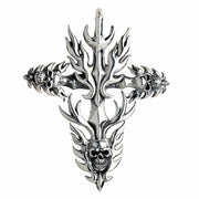 Front view of a silver cross pendant with radiating flames and detailed skulls integrated into the arm ends and base.