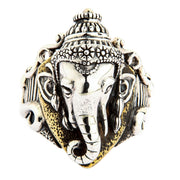 Front view of the handcrafted sterling silver Ganesh ring with gold-toned brass accents.