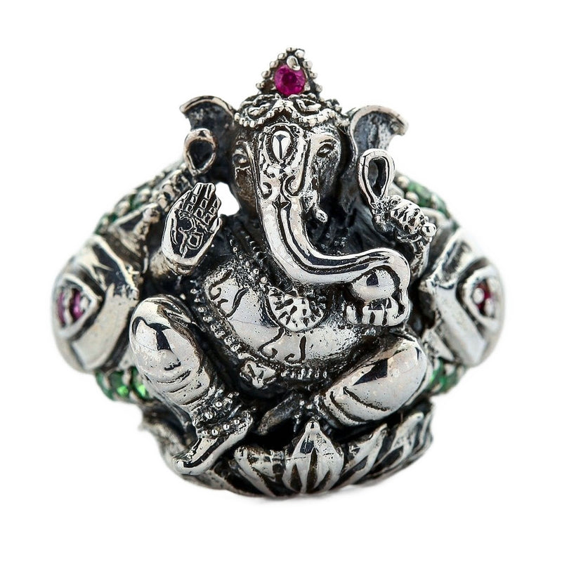 Front view of the Ganesha gemstone ring in 925 sterling silver, set with red and green CZ crystals.