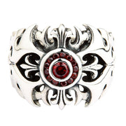 Garnet tribal cross men's ring in 925 sterling silver with red garnet center stone surrounded by fleur-de-lis motifs