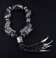 Dragon Sterling Silver & Genuine Leather Men's Biker Bracelet