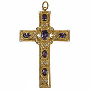 The gold amethyst bishop cross pendant, showing the ornate filigree details and oval-cut gemstones.