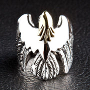 Front view of handcrafted 925 silver eagle ring with detailed feathers